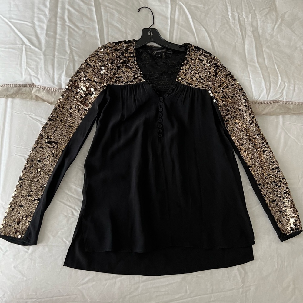 BCBGMaxAzria Black & Gold Silk Sequin Blouse – NWOT - Picture 4 of 11